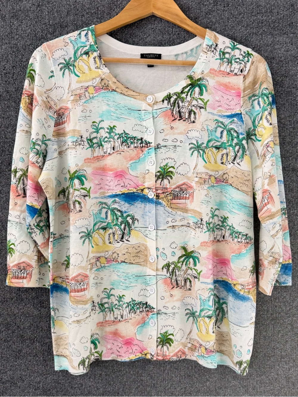 Talbots Womens 3/4 Sleeve Coastal Beach Print Cardigan Sweater Size 1X Petite